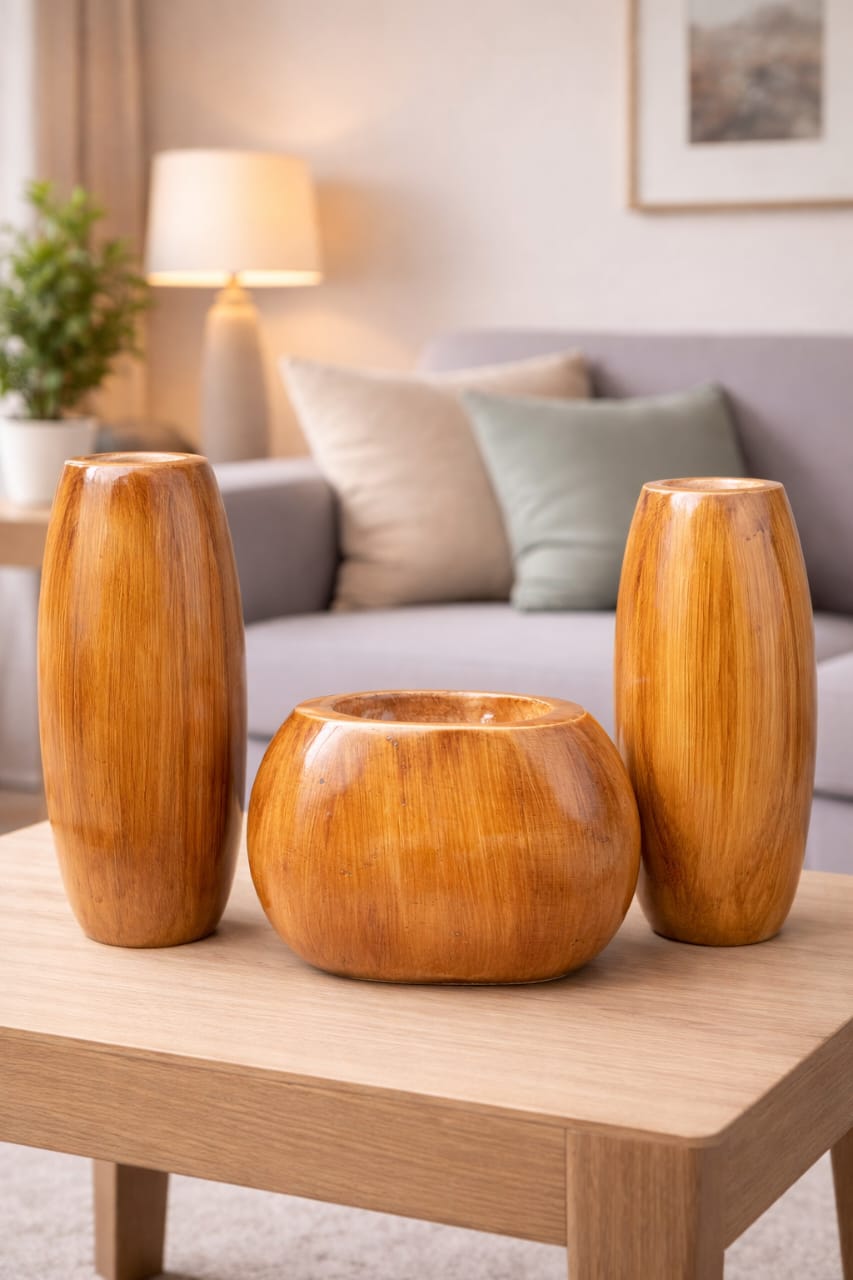 Handmade Wooden Brown Flower Vase Set – Luxury Home Decor & Gift Item in Pakistan