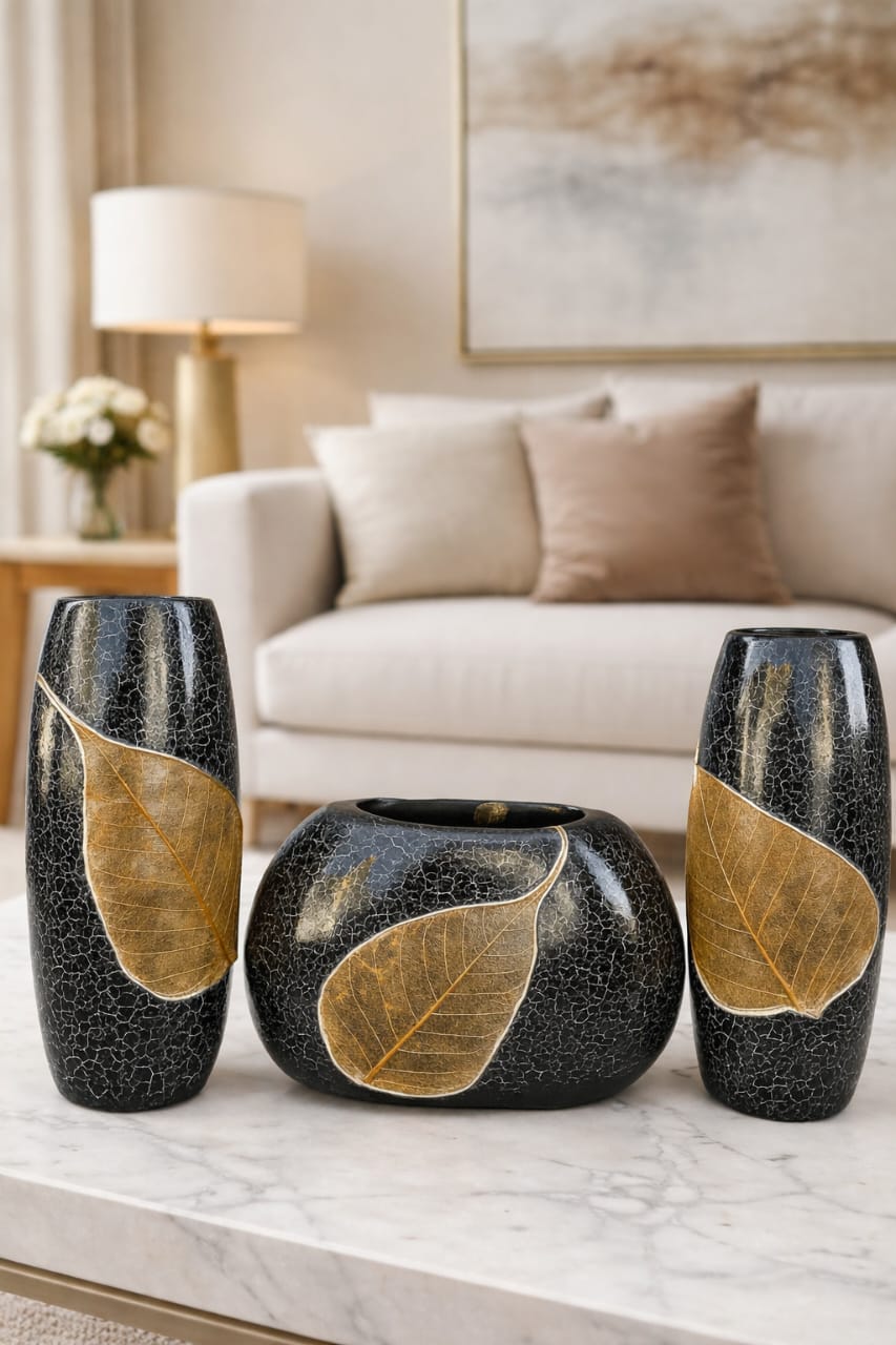 Luxury Black Leaf Design Vase Set – Modern Decorative Flower Vases for Home Decor & Gifts Pakistan