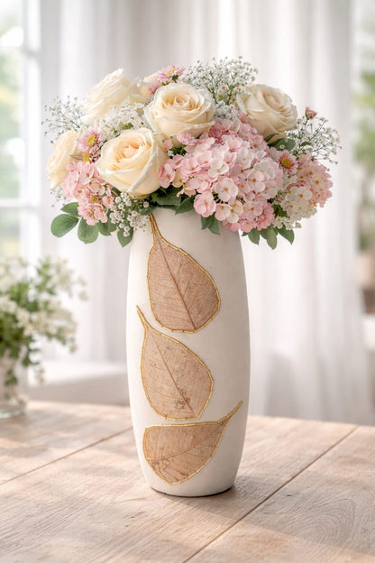 Elegant White Clay Vase with Leaf Design – Single Decorative Flower Vase for Home & Gift Pakistan