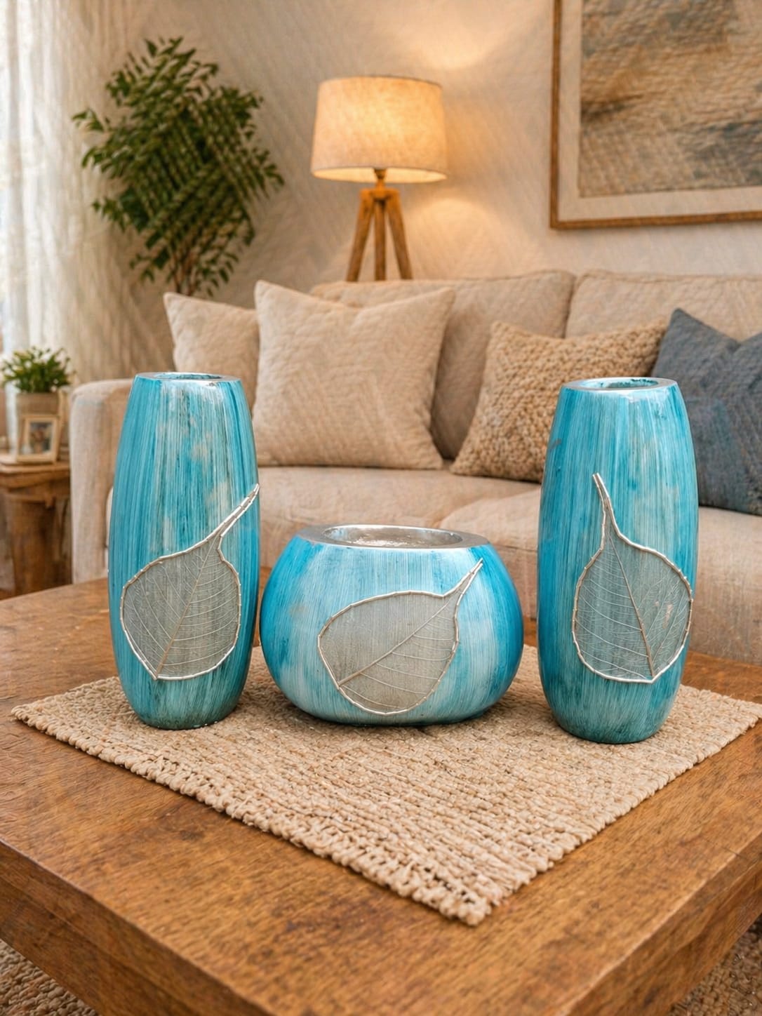 Luxury Blue Leaf Design Vase Set – Modern Home Decor Flower Vase Set for Living Room & Gifts Pakistan