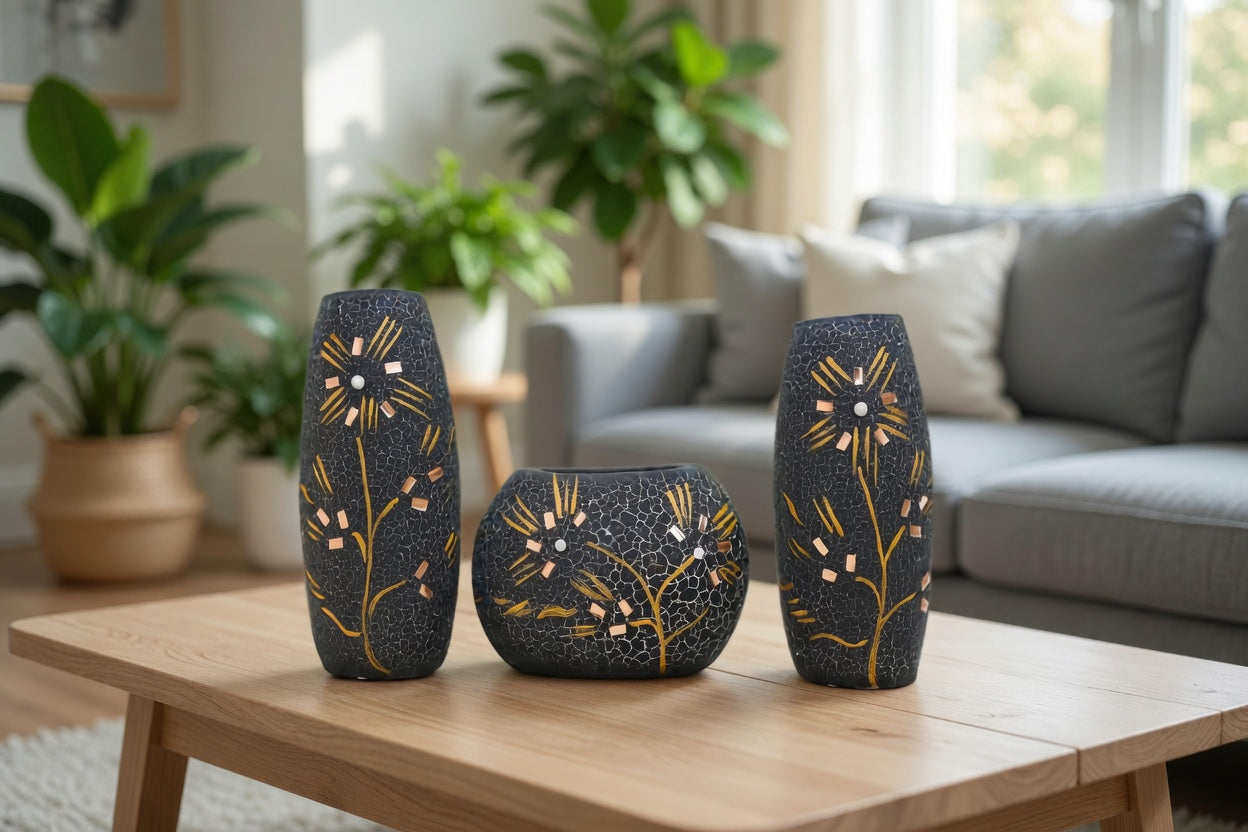 Handmade Black Clay Flower Vase Set – Luxury Home Decor & Gift Item in Pakistan
