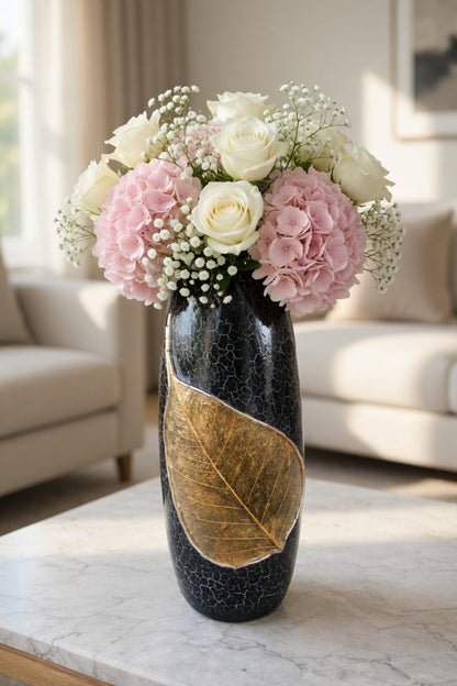 Luxury Black Clay Vase with Golden Leaf Design – Single Decorative Flower Vase for Home Decor Pakistan