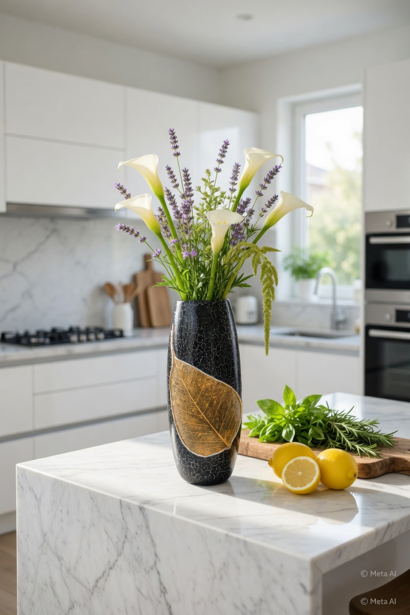 Luxury Black Clay Vase with Golden Leaf Design – Single Decorative Flower Vase for Home Decor Pakistan