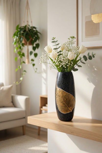 Luxury Black Clay Vase with Golden Leaf Design – Single Decorative Flower Vase for Home Decor Pakistan