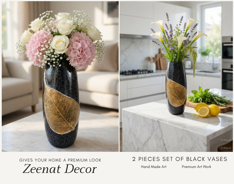 Luxury black clay vase with golden leaf design single decorative flower vase for home decor Pakistan