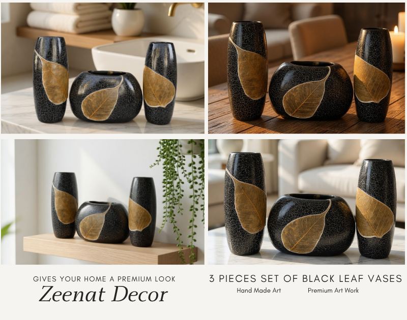 Luxury black leaf design vase set for home decor, modern decorative flower vases for living room and gifts Pakistan
