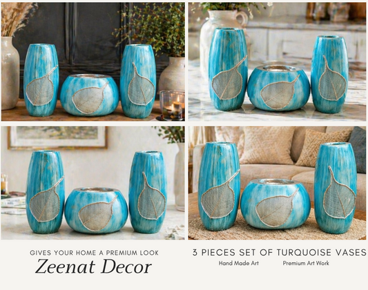 Luxury blue leaf design vase set for home decor, modern decorative flower vases for living room and gift in Pakistan