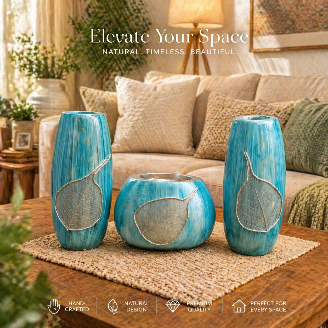 Luxury Blue Leaf Design Vase Set – Modern Home Decor Flower Vase Set for Living Room & Gifts Pakistan