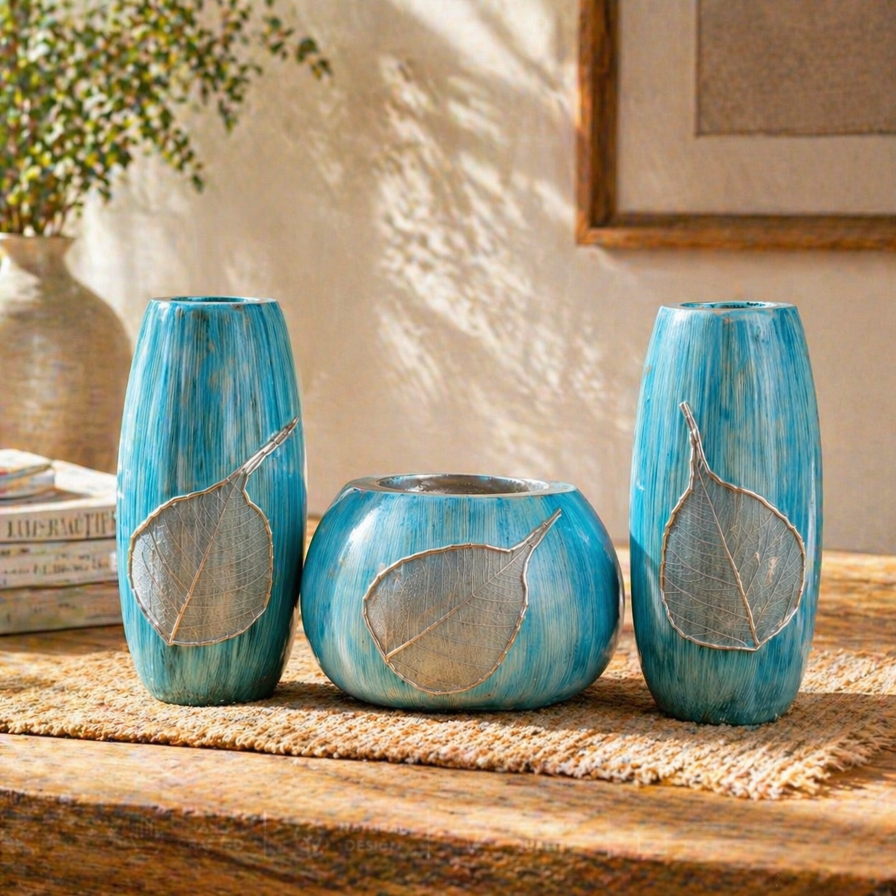 Luxury Blue Leaf Design Vase Set – Modern Home Decor Flower Vase Set for Living Room & Gifts Pakistan