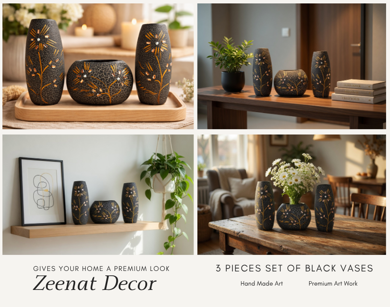 Handmade black clay flower vase set for home decoration in Pakistan