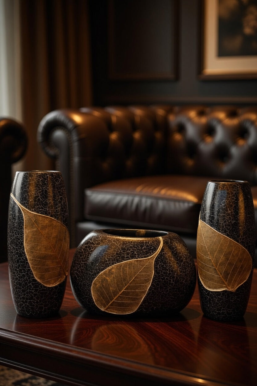 Luxury Black Leaf Design Vase Set – Modern Decorative Flower Vases for Home Decor & Gifts Pakistan