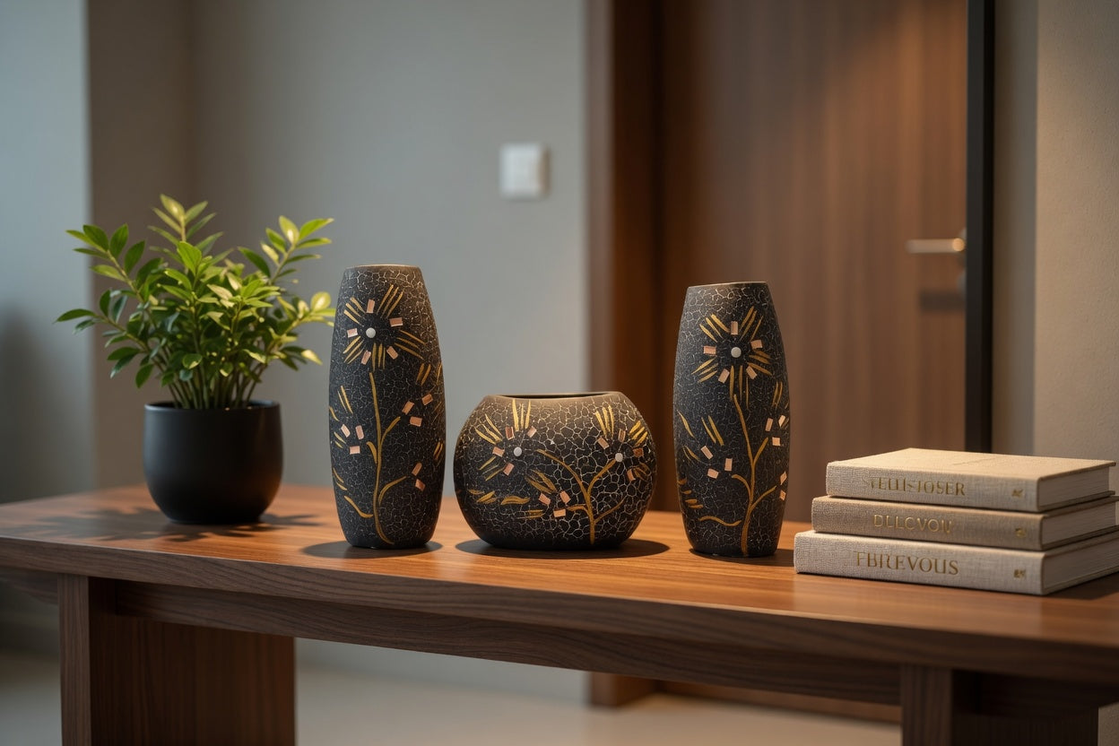 Handmade Black Clay Flower Vase Set – Luxury Home Decor & Gift Item in Pakistan