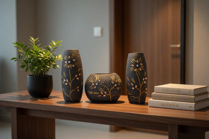 Handmade Black Clay Flower Vase Set – Luxury Home Decor & Gift Item in Pakistan