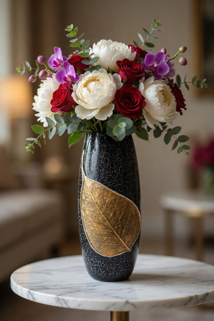 Luxury Black Clay Vase with Golden Leaf Design – Single Decorative Flower Vase for Home Decor Pakistan