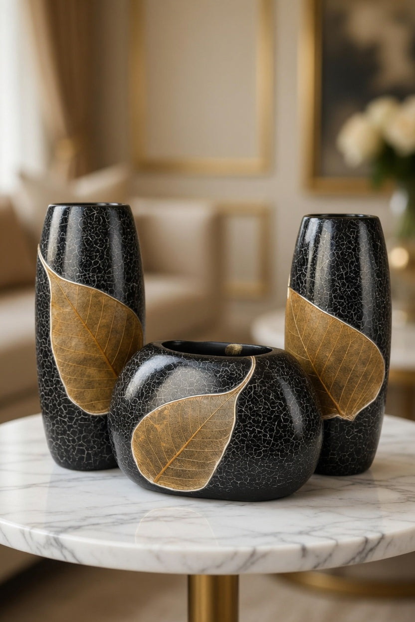 Luxury Black Leaf Design Vase Set – Modern Decorative Flower Vases for Home Decor & Gifts Pakistan