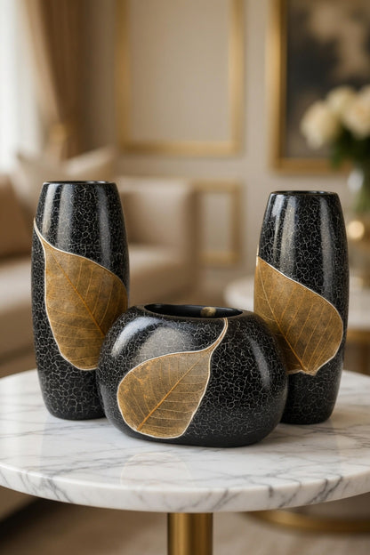 Luxury Black Leaf Design Vase Set – Modern Decorative Flower Vases for Home Decor & Gifts Pakistan