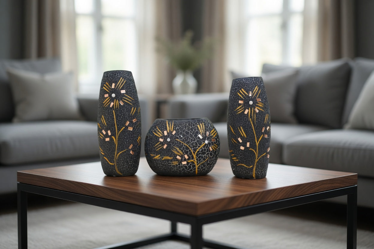 Handmade Black Clay Flower Vase Set – Luxury Home Decor & Gift Item in Pakistan