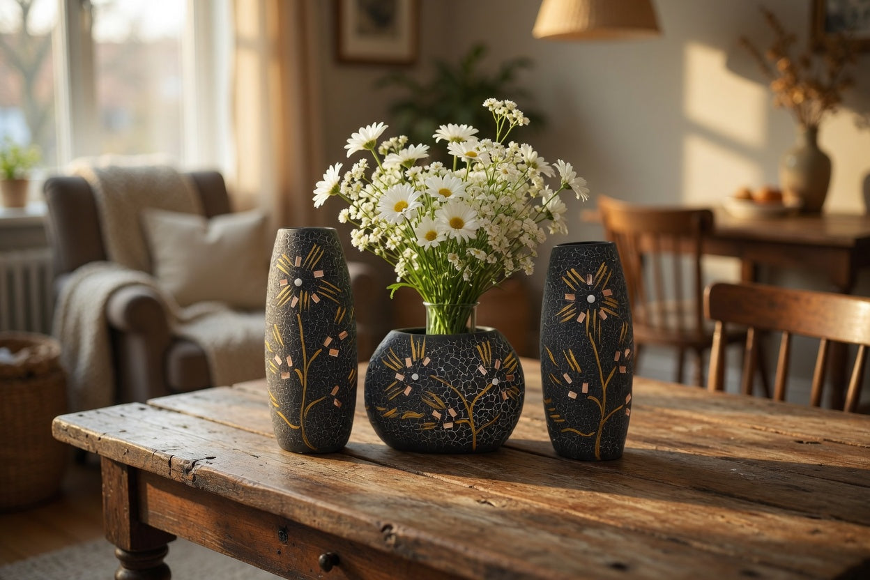 Handmade Black Clay Flower Vase Set – Luxury Home Decor & Gift Item in Pakistan