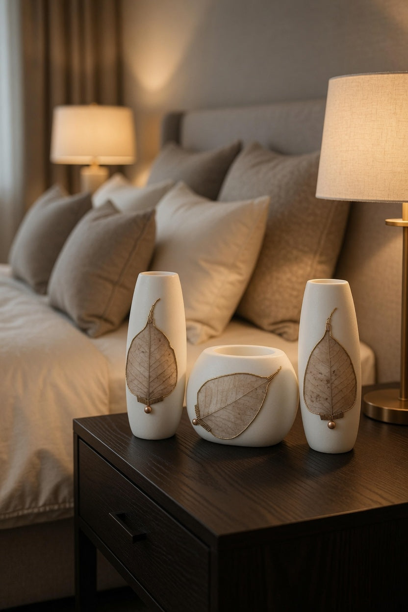 Elegant White Leaf Design Vase Set – Luxury Modern Home Decor Flower Vases for Living Room & Gifts Pakistan
