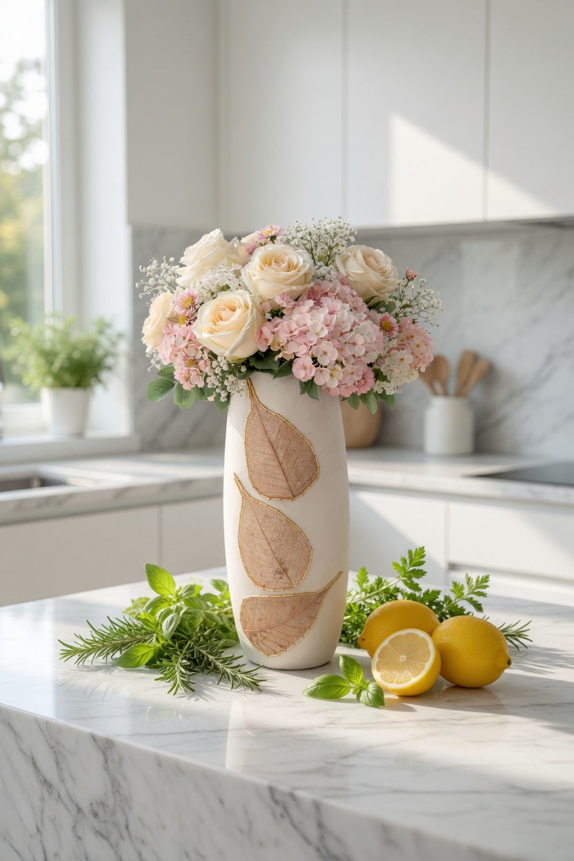 Elegant White Clay Vase with Leaf Design – Single Decorative Flower Vase for Home & Gift Pakistan