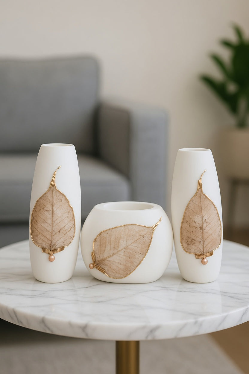 Elegant White Leaf Design Vase Set – Luxury Modern Home Decor Flower Vases for Living Room & Gifts Pakistan