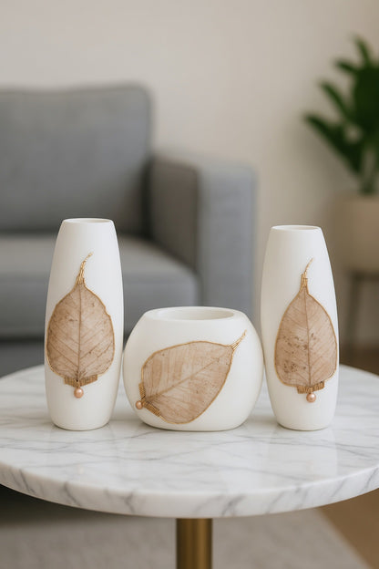 Elegant White Leaf Design Vase Set – Luxury Modern Home Decor Flower Vases for Living Room & Gifts Pakistan