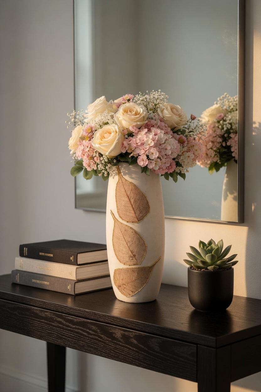 Elegant White Clay Vase with Leaf Design – Single Decorative Flower Vase for Home & Gift Pakistan