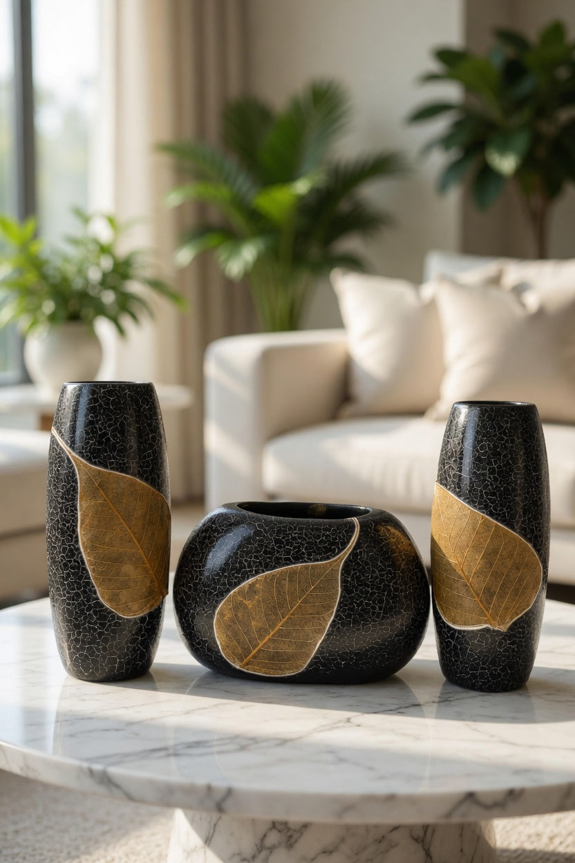 Luxury Black Leaf Design Vase Set – Modern Decorative Flower Vases for Home Decor & Gifts Pakistan