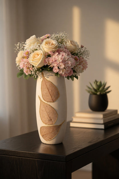 Elegant White Clay Vase with Leaf Design – Single Decorative Flower Vase for Home & Gift Pakistan