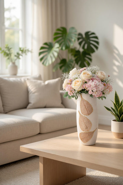 Elegant White Clay Vase with Leaf Design – Single Decorative Flower Vase for Home & Gift Pakistan