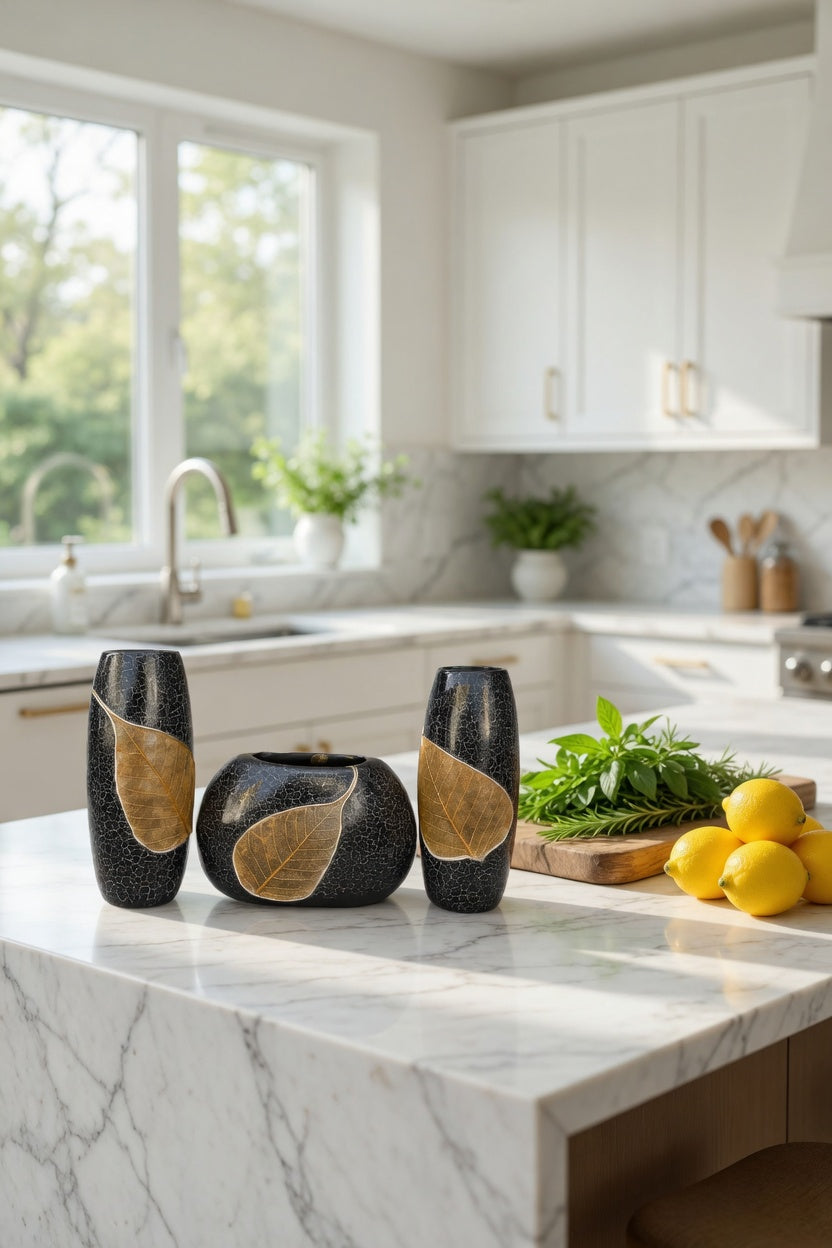 Luxury Black Leaf Design Vase Set – Modern Decorative Flower Vases for Home Decor & Gifts Pakistan