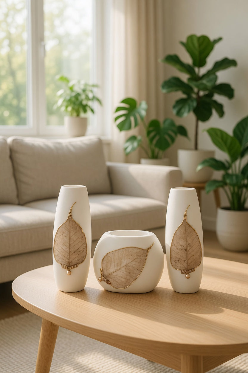 Elegant White Leaf Design Vase Set – Luxury Modern Home Decor Flower Vases for Living Room & Gifts Pakistan