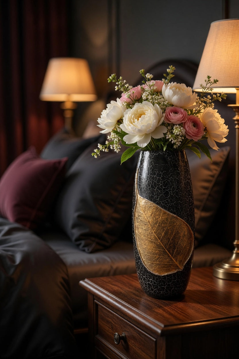 Luxury Black Clay Vase with Golden Leaf Design – Single Decorative Flower Vase for Home Decor Pakistan
