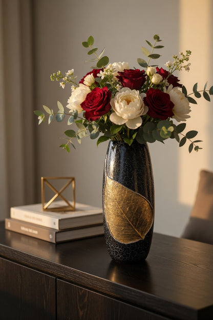 Luxury Black Clay Vase with Golden Leaf Design – Single Decorative Flower Vase for Home Decor Pakistan