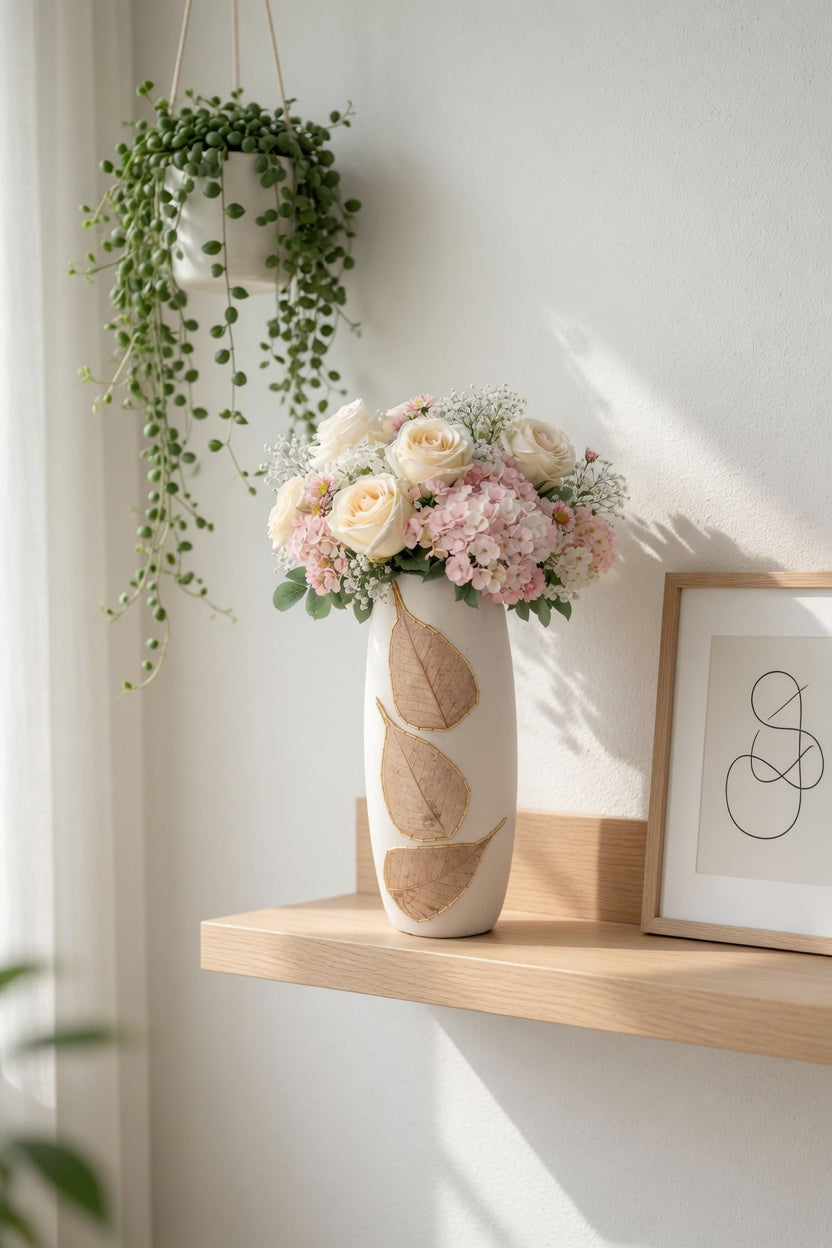Elegant White Clay Vase with Leaf Design – Single Decorative Flower Vase for Home & Gift Pakistan
