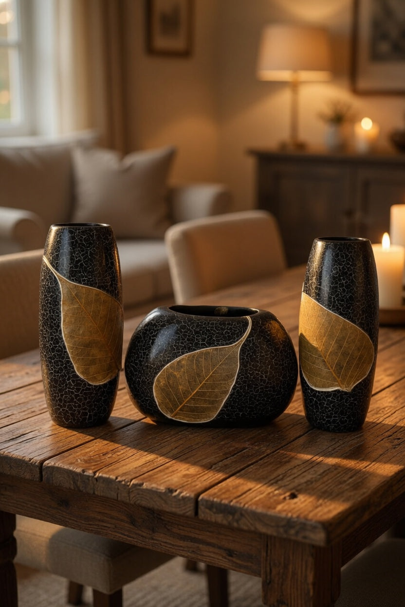 Luxury Black Leaf Design Vase Set – Modern Decorative Flower Vases for Home Decor & Gifts Pakistan