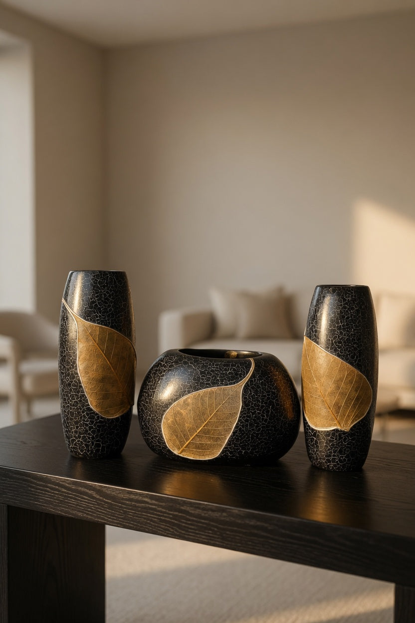 Luxury Black Leaf Design Vase Set – Modern Decorative Flower Vases for Home Decor & Gifts Pakistan