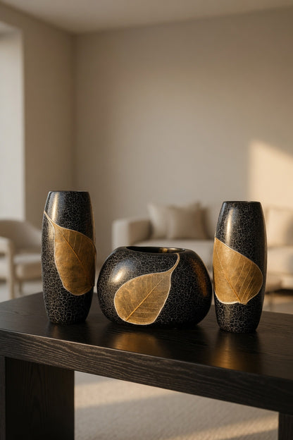 Luxury Black Leaf Design Vase Set – Modern Decorative Flower Vases for Home Decor & Gifts Pakistan