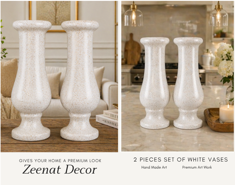 Luxury white ceramic vase set of 2 tall decorative flower vases for modern home decor in Pakistan