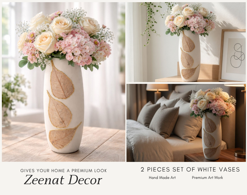 Elegant white clay vase with leaf design single decorative flower vase for modern home decor Pakistan