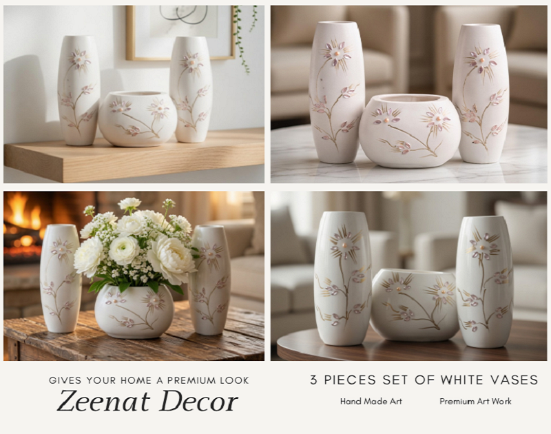Elegant white flower vase set for home decoration and gift item in Pakistan