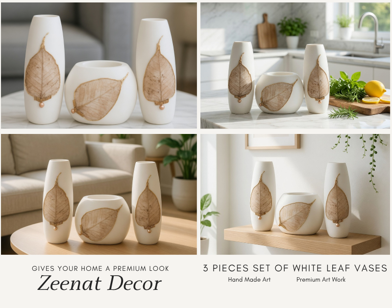 Elegant white leaf design vase set for modern home decor, luxury flower vases for living room and gifts in Pakistan
